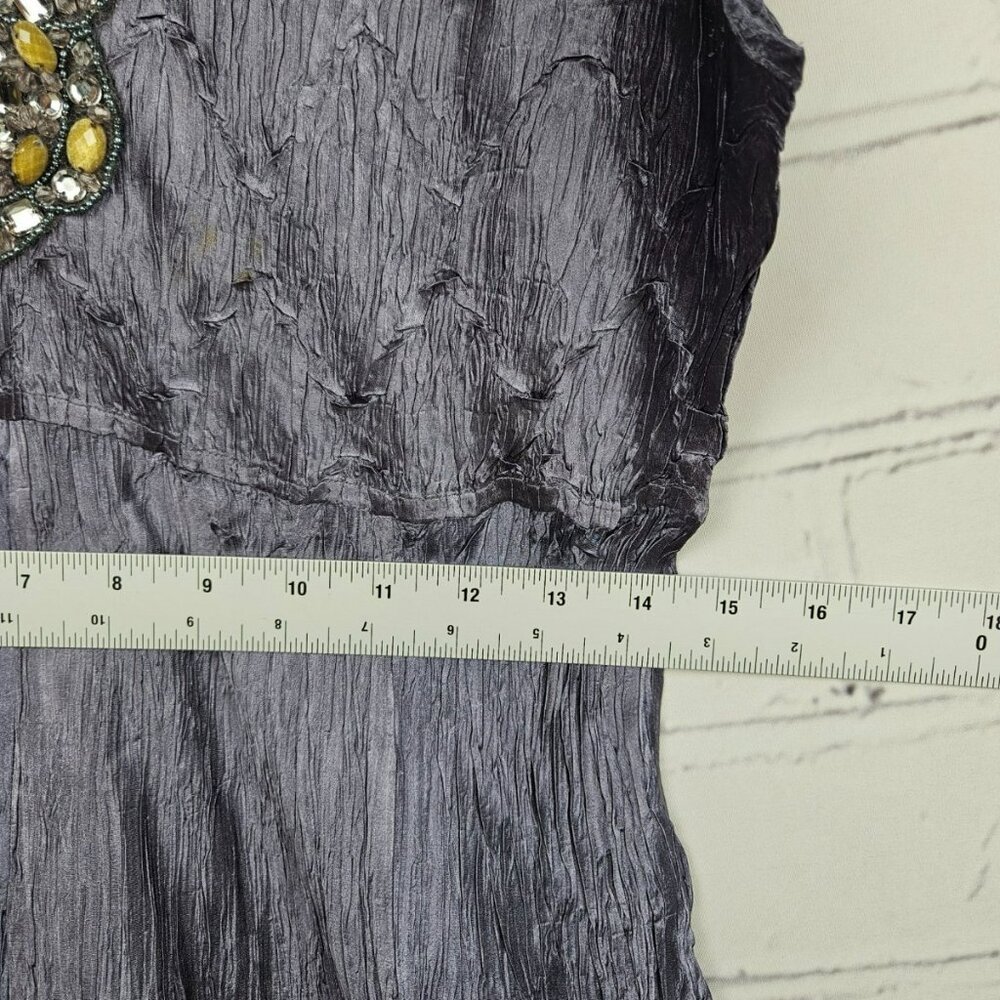 Komarov XL Beaded V-Neck Fairy Crinkle Dress Purple Satin Handkerchief Midi - Picture 11 of 13